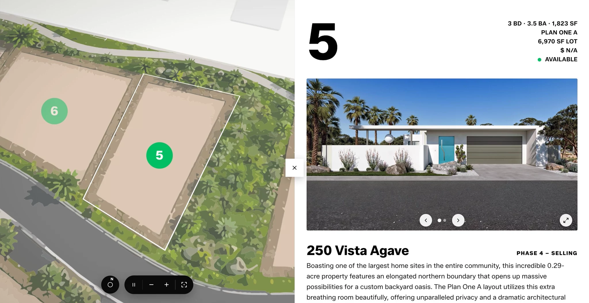 The buyer portal mid-pan across the community, with one homesite open beside the plan