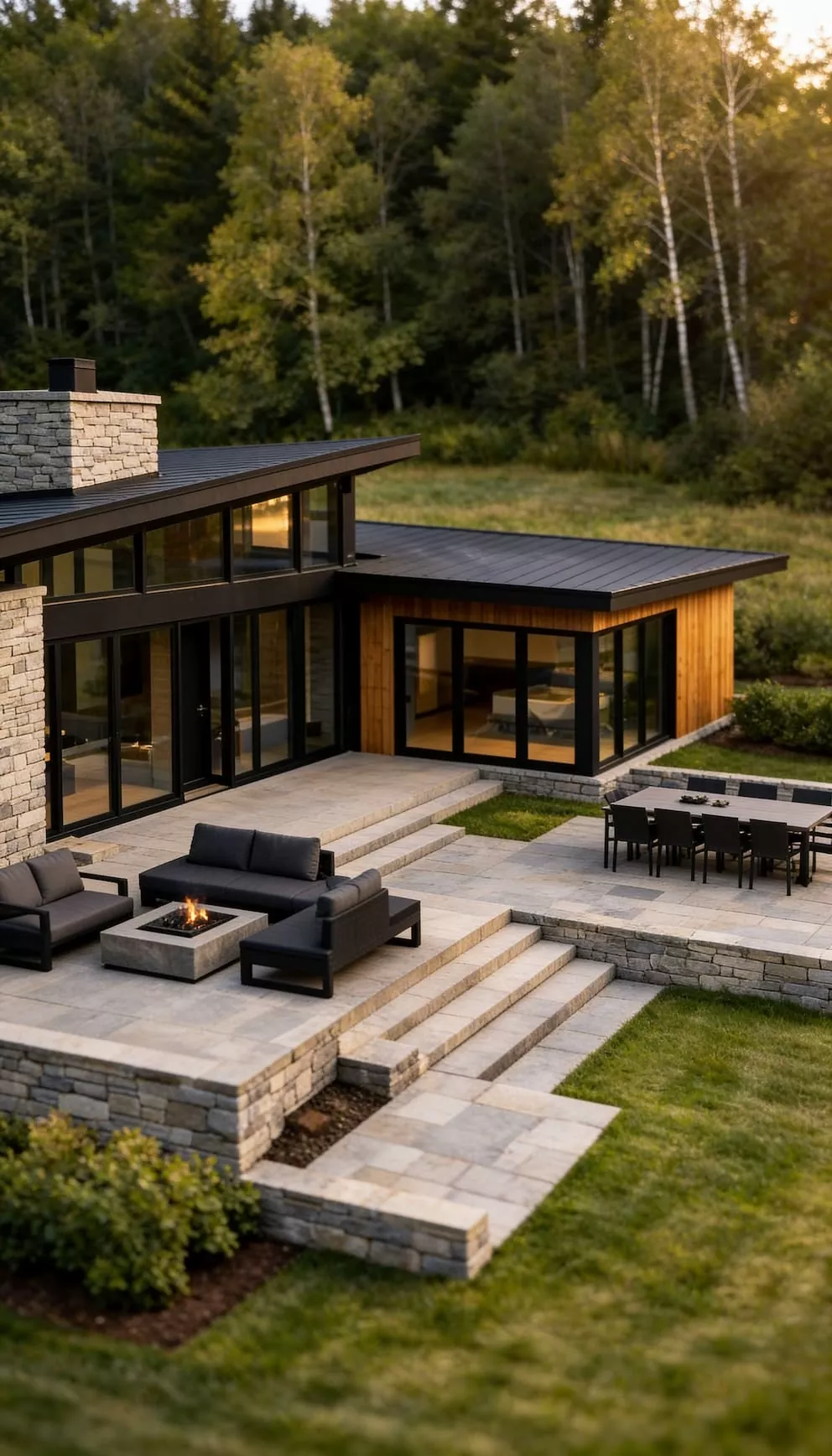 A single-storey house on a wooded lot, terrace and fire table in the evening light